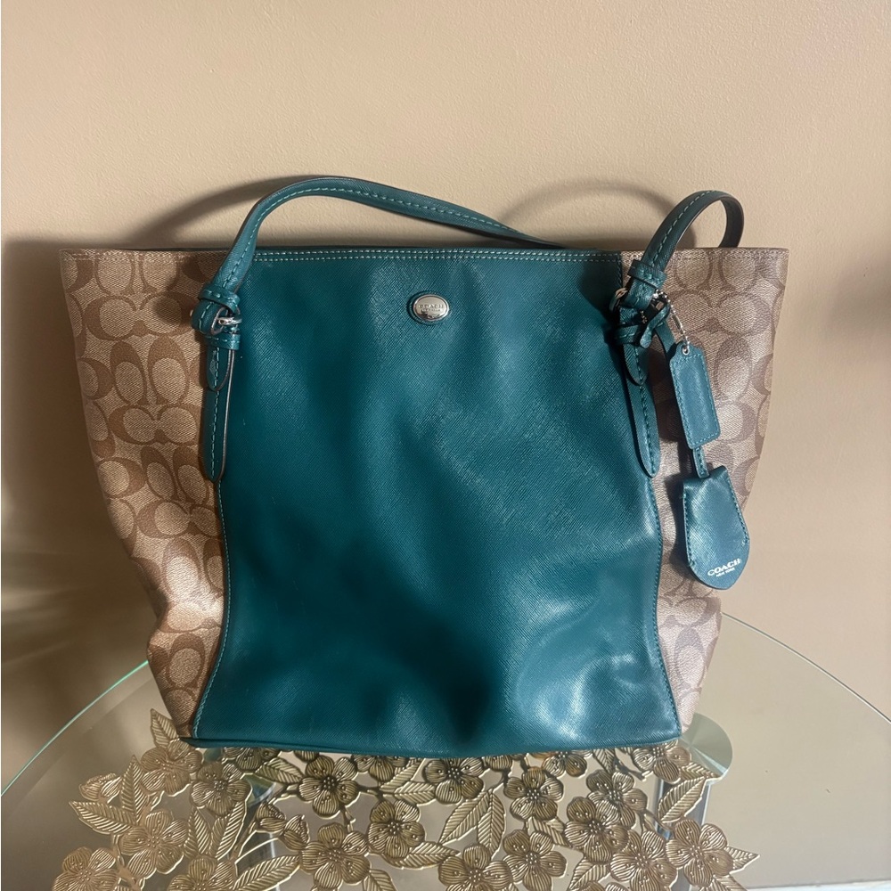 Coach Teal Leather & Signature Canvas Tote